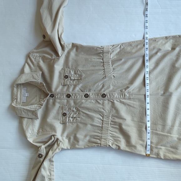 Ann Taylor Loft Khaki Safari Button Tab Sleeve Collared Dress SP Tan Pockets - Picture 14 of 16
